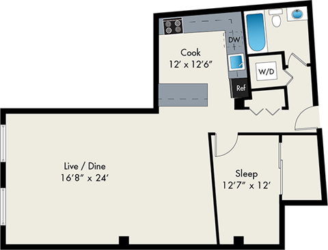 one bedroom floor plan at the lofts at gin alley